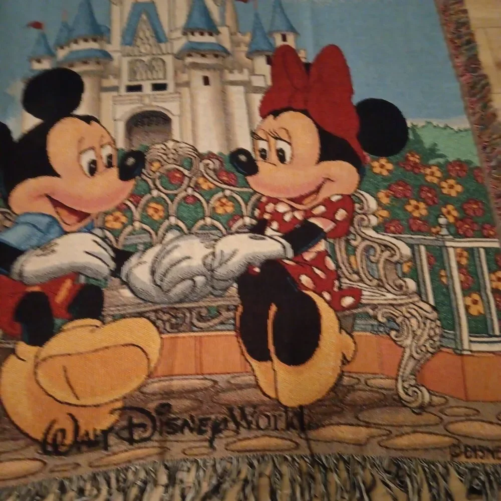 Vintage Walt Disney World Mickey Minnie Mouse Woven Tapestry Blanket 50x60